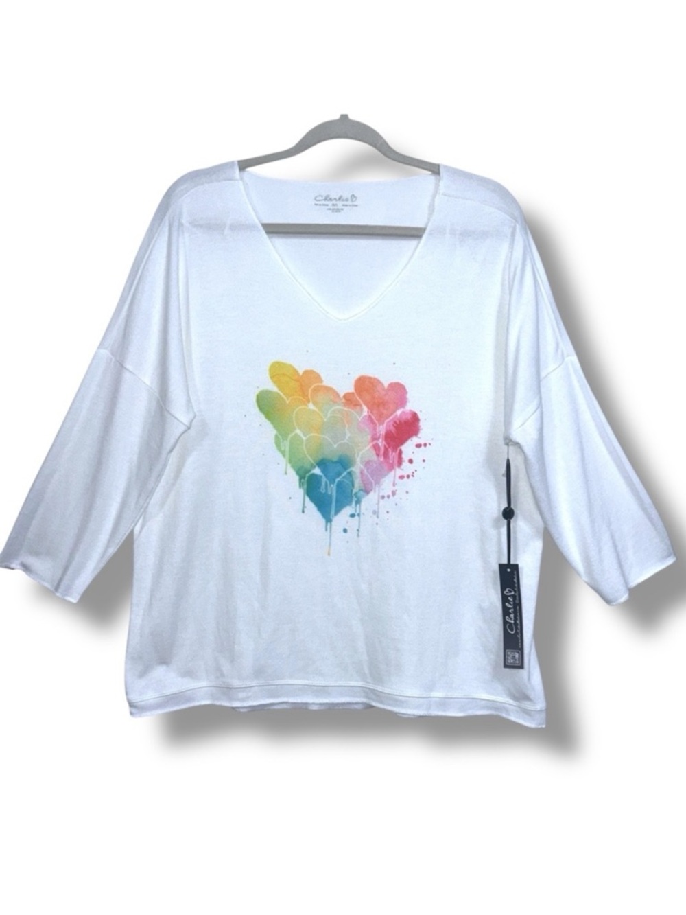 Charlie B Rainbow Hearts V Neck Dolman Knit Top NWT Large